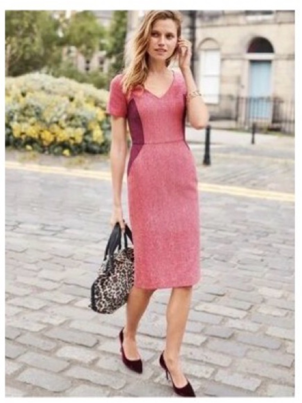 Boden Pink Tweed Midi Dress with Burgundy Side Panels